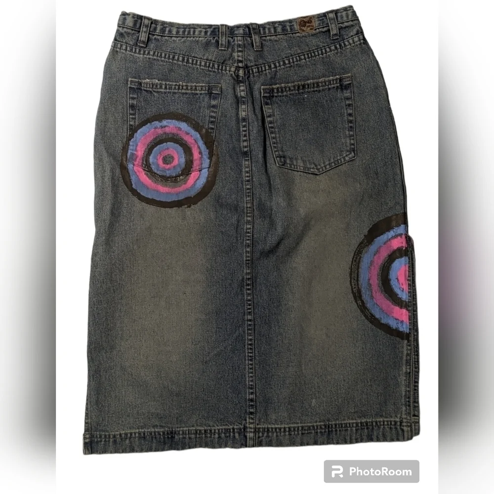 Vintage 90s Lady Enyce Denim Midi Skirt Y2K Painted Graphic Streetwear Size 8